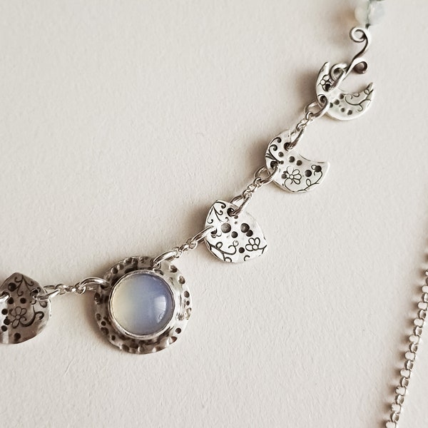 Flower Moon Phases Necklace, Opalite Gemstone Charm Jewelry, Sterling Silver Vintage Celestial Floral