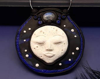 Moon, luna polymer clay necklace, handmade, cameo, celestial pendant, moonstone natural gemstone jewelry