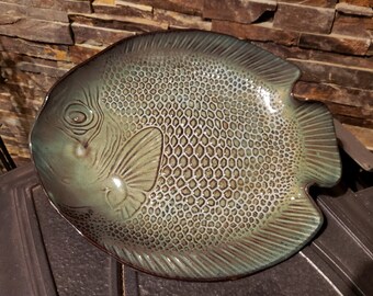 Large Fish Platter - Serving tray - Textured Serving Dish - Handmade Pottery Dish - Green Clay Platter - Fish Motif - Unique Platter