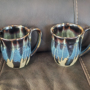 Lot de 2 grandes tasses à anse, poterie, grande tasse terreuse, tasse pour homme, très grande taille, café, thé, émail superposé, bleu, vert, marron