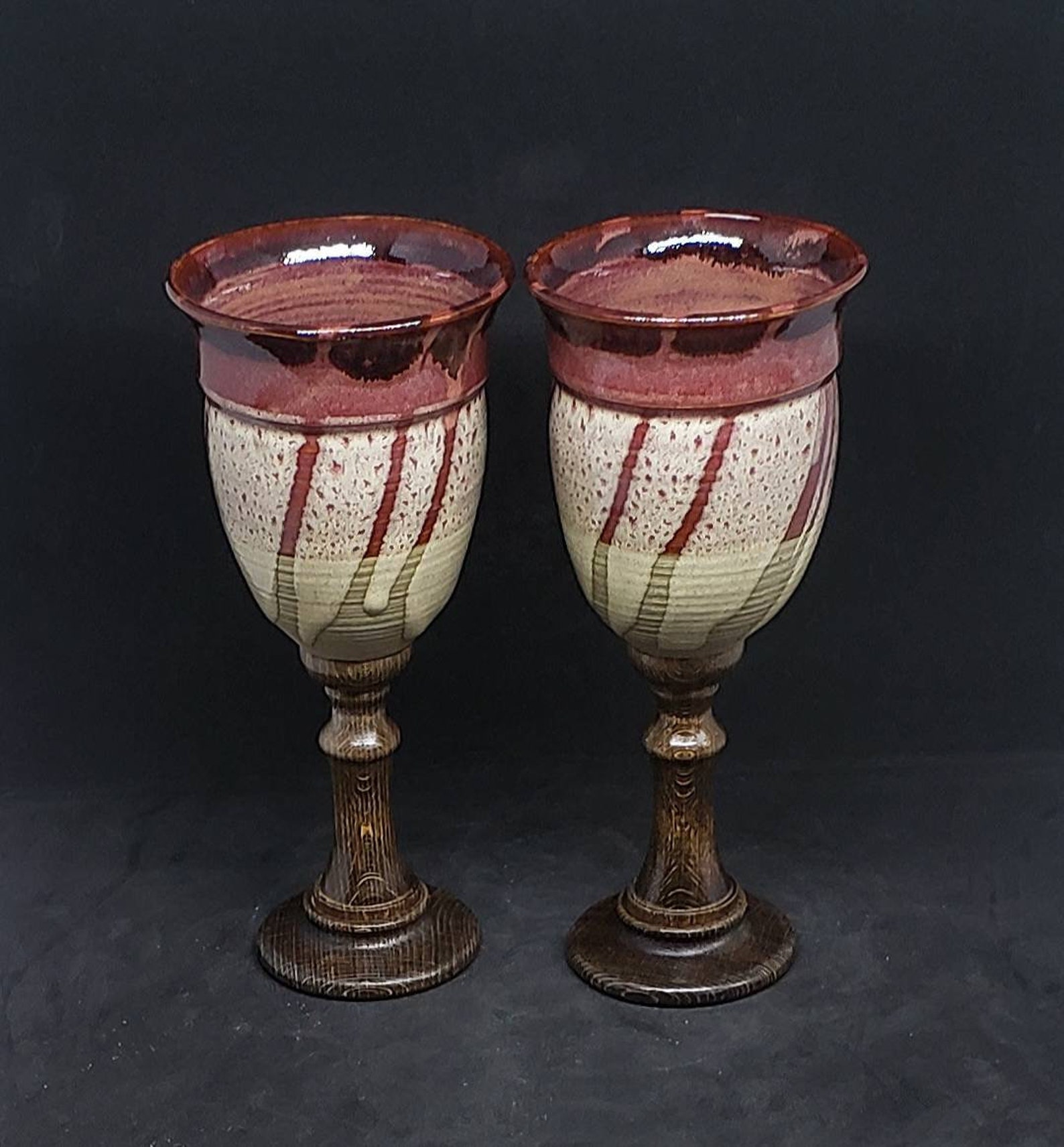Set of 2 Wine Goblets with Lacquered Wood Stems Pottery Etsy