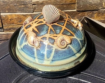 Beach Theme Butter Dish, Seashell Appliques, Seashore Pottery, Unique Gift Idea, Functional Pottery, One of a kind, Blue, Green, Shell Theme