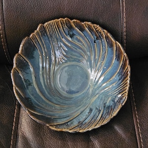 Large Textured Decorative Bowl - Unique Design - Nature Theme Bowl - Free Form Pottery - Blue - Brown - Green - Black