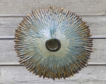 Large Decorative Star Burst Pottery Bowl - Textured Pottery Bowl - Clay Centerpiece Bowl - Unique Pottery - Stunning Pottery - Green - Blue