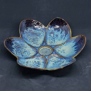 Textured Pottery Bowl With Embossed Shell Pattern - Unique Clay Centerpiece Bowl - Functional Decorative Pottery Bowl - Handmade Bowl - Blue