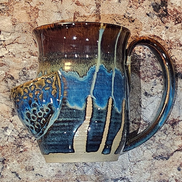 Tasses en sachet de thé à grande poignée - Tasse en poterie - Faite à la main - Unique - Tasse en sachet de thé - Bleu - Vert - Noir