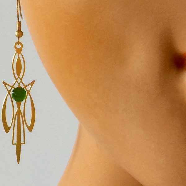 Earrings ZAZOU emerald green art deco filigree 20s twenties brass handmade