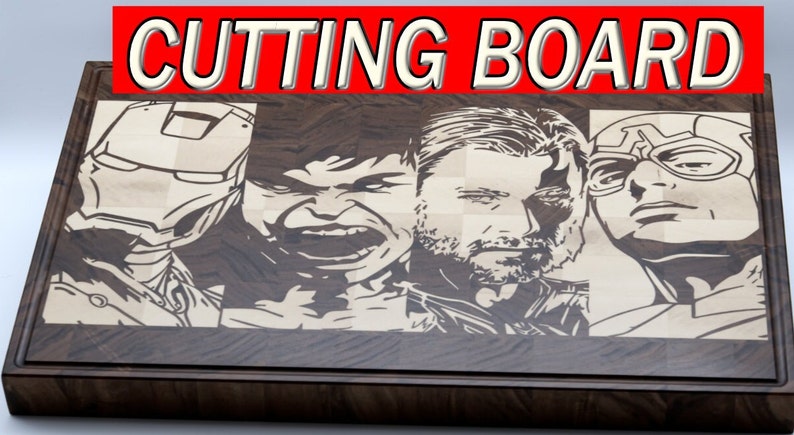 May include: A wooden cutting board with a checkered pattern and engraved images of four superheroes: Iron Man, Hulk, Thor, and Captain America. The board is made of dark wood with a light wood checkered pattern.