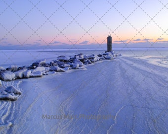 Sunset over a Frozen Great South Bay , Digital Image, Long Island Frozen Bay