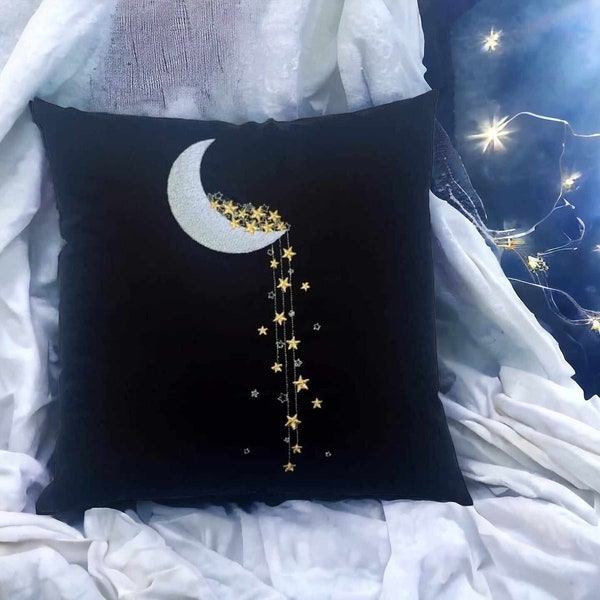 Crescent Moon Embroidery Stars Celestial Pillowcase Black 16x16 inch 40x40cm 100% Cotton Bedding Home Decor