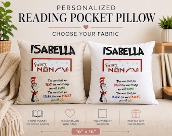 Personalized Reading Pocket Pillow, Custom Book Pillow, 16x16 Pillow with Pocket