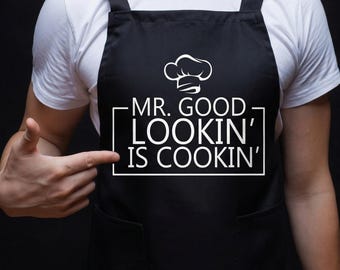 Mr. Good Lookin' Is Cookin' BBQ Apron, Funny Grilling Apron for Men, Father's Day Gift for Dad, Husband Grill Master Gift