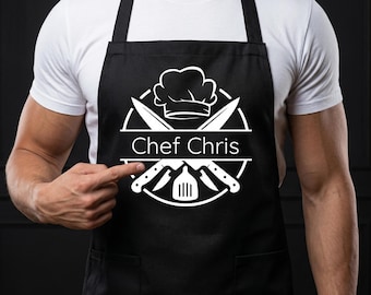 Personalized BBQ Apron for Men, Custom Grill Master Chef Apron, Dad Grilling Gift, Fathers Day Gift, Barbecue Cooking Apron with Pockets