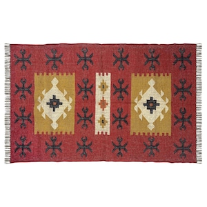 Handmade Wool and Jute Rug in Red Color, Handmade Kilim Dhurrie Rug, Traditional Indian/WOOL JUTE RUGS