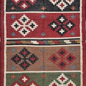 Handwoven Wool Jute Rug | Flatweave Reversible Kilim | Rustic Boho Accent Rug for Indoor Outdoor Home Decor