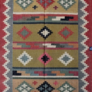 Handwoven Wool Jute Rug | Reversible Kilim Design | Boho Farmhouse Rug for Living Room, Bedroom, or Patio