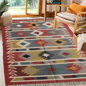 Handmade Flatweave Wool Jute Rug | Boho Kilim Reversible | Farmhouse Area Rug for Bedroom and Living Room