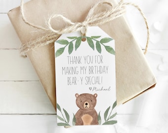 Customizable bear party favor tags, beary first birthday favor tags, bear birthday invitation, woodland party favor tags - digital file