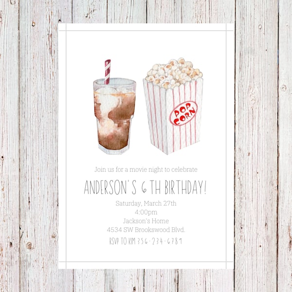 Customizable movie night birthday party, popcorn invitation, root beer float invitation, sleepover invitation, older kid invitation, digital