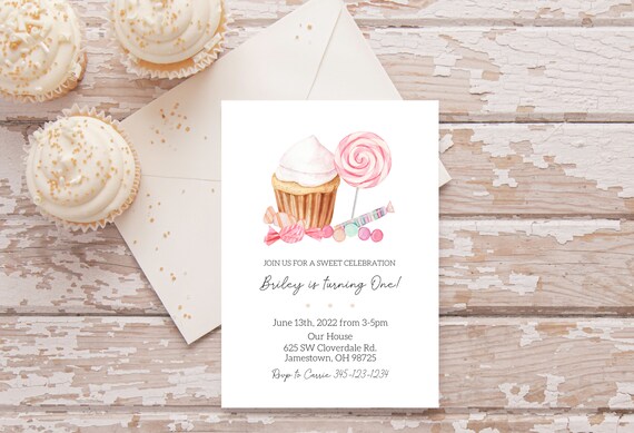 Customizable candy invitation, sweet birthday invitation, cupcake birthday invitation, two sweet invite,  first birthday - digital copy