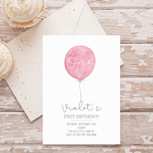 Customizable balloon birthday invitation, simple birthday invitation, pink balloon invitation, first birthday, second birthday - digital