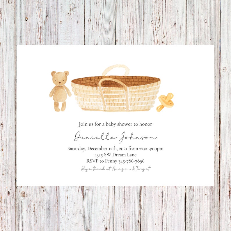 Customizable gender neutral baby shower invitation bassinet baby shower modern baby shower simple baby shower boho baby