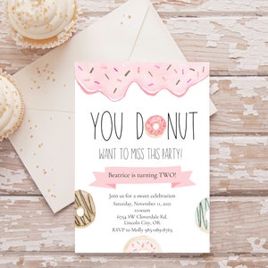 Customizable donut birthday invitation, donut grow up, sweet invitation, first birthday invitation, watercolor invitation - digital copy