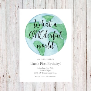 Customizable world invitation, what a onederful world invite, first birthday invitation, adventure birthday invite - digital copy