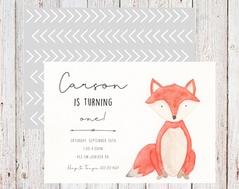 Customizable woodland fox birthday invitation, wild fox invitation, wild one invitation, fox invitation, digital invitation - digital copy