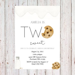 Customizable cookie birthday invitation, milk and cookies invitation, first birthday invitation, second birthday invitation  - digital copy