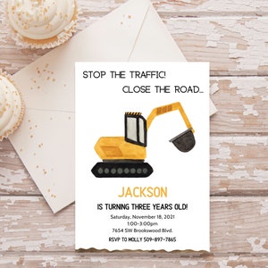 Customizable excavator birthday invitation, construction birthday invitation, digital download invitation, little boy birthday- digital copy