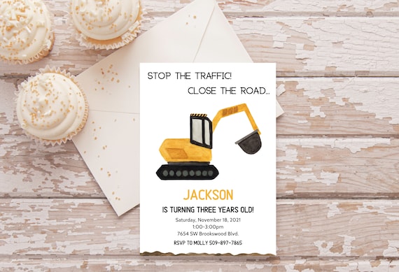 Customizable excavator birthday invitation, construction birthday invitation, digital download invitation, little boy birthday- digital copy
