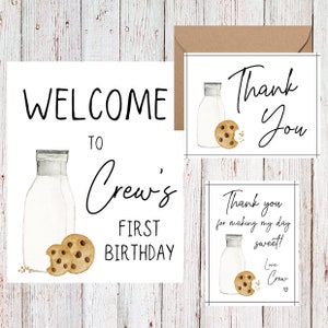 Sinal de boas-vindas personalizável de leite e biscoitos, cartão de agradecimento, etiquetas para lembrancinhas, tema de aniversário de leite e biscoitos - cópia digital