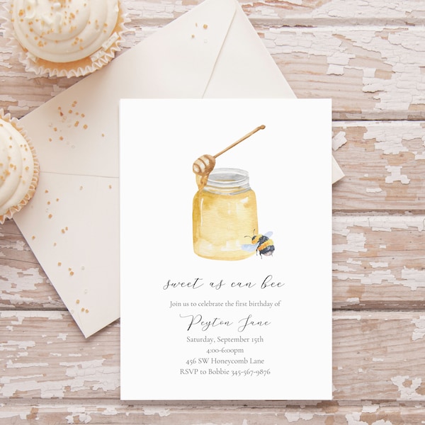 Customizable bee birthday invitation, sweet as can bee invitation, honeybee invitation, mommy to bee invitation, bee theme - digital copy