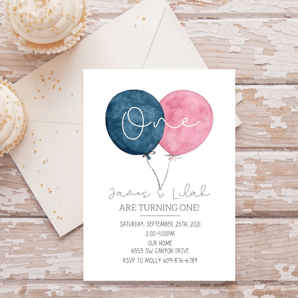 Customizable balloon birthday invitation, twin birthday invitation, girl birthday invite, boy birthday invite, first birthday - digital copy