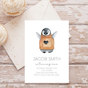 Customizable penguin birthday invitation, winter birthday invitation, snow invitation, penguin theme party, simple invitation - digital copy