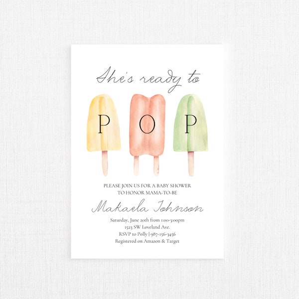 Customizable popsicle invitation, she's ready to pop, popsicle baby shower invite, sweet baby shower invite, ice cream baby - digital copy