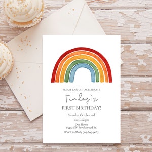 Customizable rainbow birthday invitation, rainbow baby shower, rainbow watercolor, simple invitation, first birthday invite - digital copy