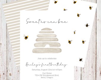 Customizable bee birthday invitation, sweet as can bee invitation, honeybee invitation, first bee-day invitation - digital copy
