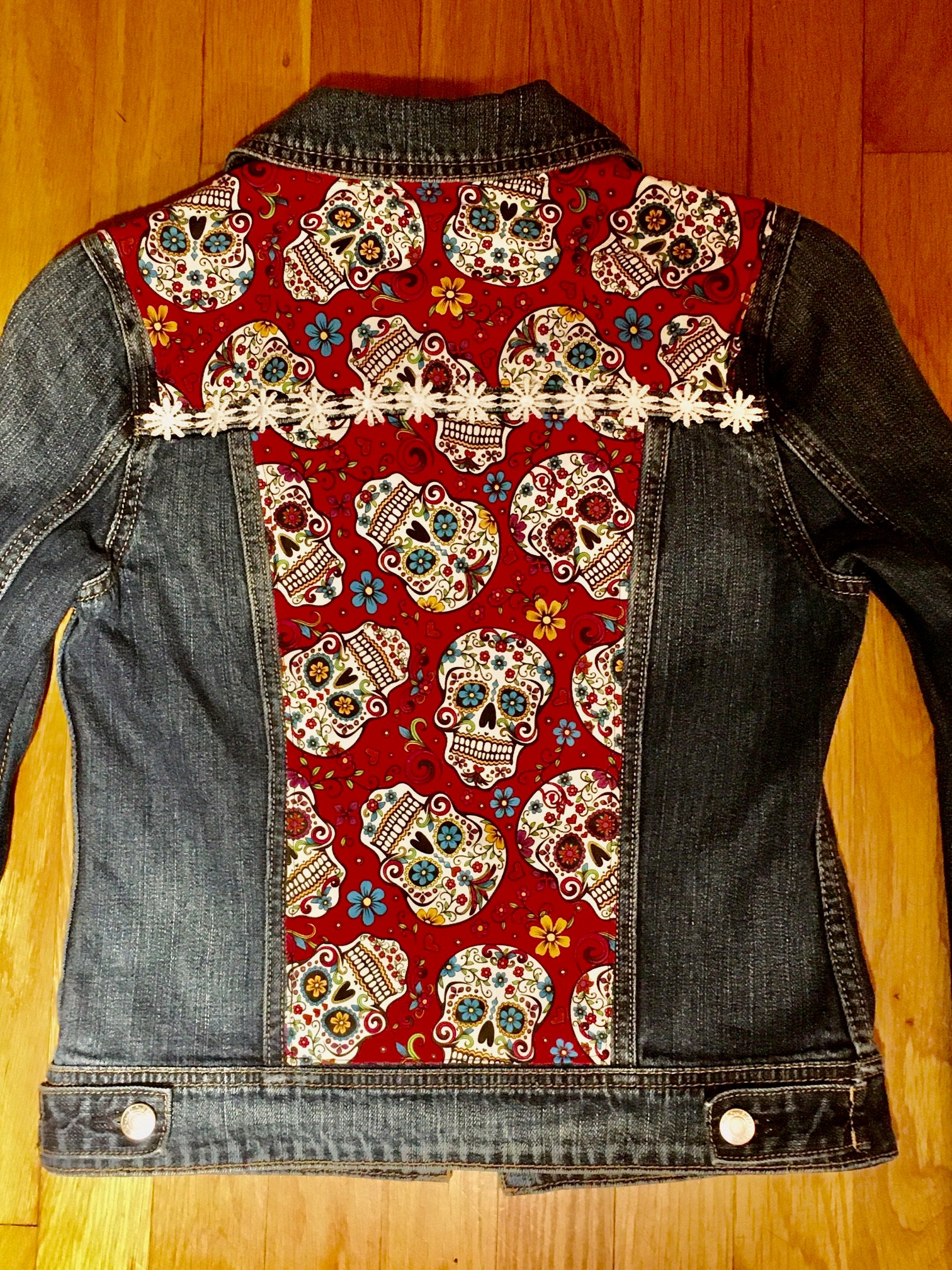 Upcycled Womens Denim Jean Jacket With Sugar Skull Detail - Etsy