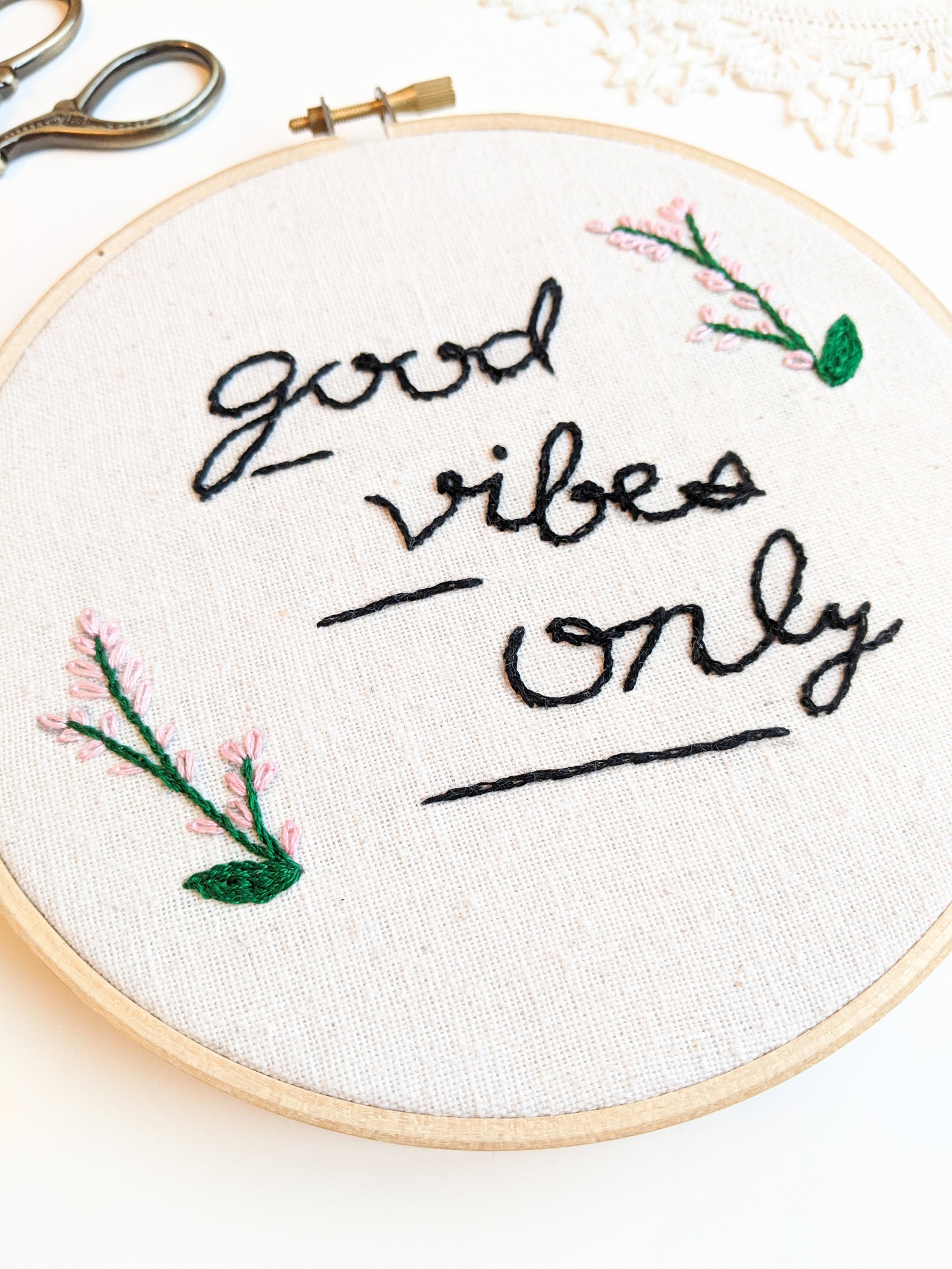 Finished good vibes only hand embroidery hoop pink florals  etsy Finished good vibes only hand embroidery hoop pink florals  etsy