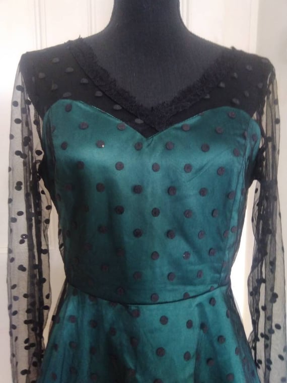 50s inspired black and green polka dot swing dress