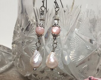 Pink Mother-of-Pearl and Baroque Pearl Earrings * Spring Gift for Her * Mother's Day * Pearl and Sterling Earrings * Elegant Earrings