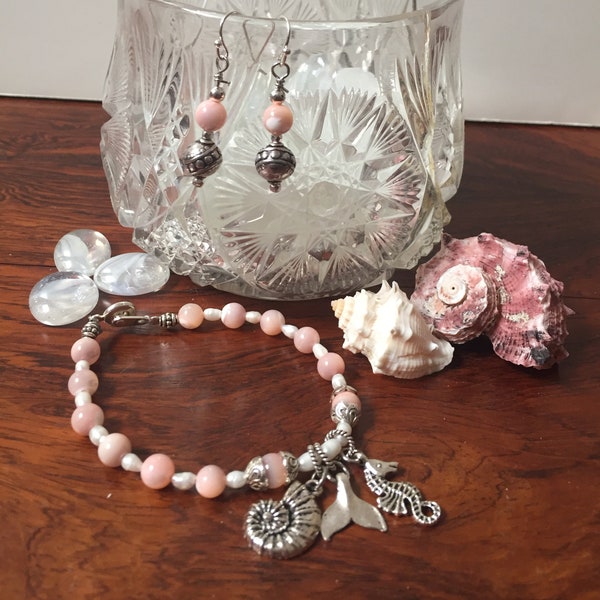 Seashore Bracelet/Earring Set ' Pewter Ocean Charms ' Mother of Pearl Beads ' Rice Pearls ' Gift for Mom/Daughter/Girlfriend ' Sterling