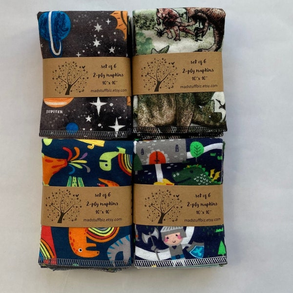 Dragon, dinosaur and space reusable napkins. 2 ply set of 6 in fun kid prints.