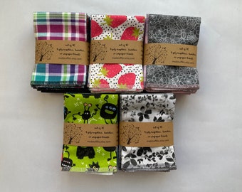 10 reusable flannel napkins in shades of gray, pink and gray, plaids or brights.