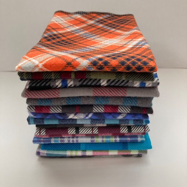 Soft flannel handkerchiefs in plaid assortment. Set of 5.
