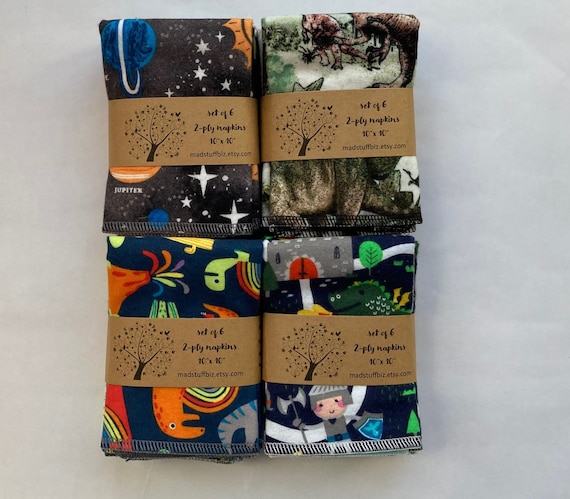 Dragon, dinosaur and space reusable napkins. 2 ply set of 6 in fun kid prints.