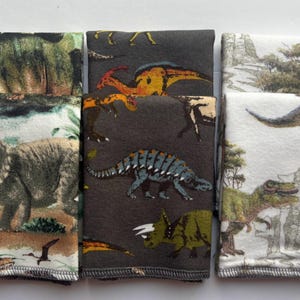 May include: Six fabric squares with different dinosaur patterns. The squares are brown, white, and green with various dinosaur illustrations.