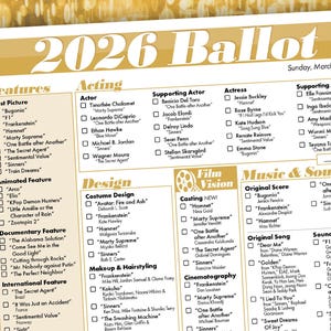 May include: A ballot for the year 2026, listing nominees for various film categories. The document includes sections for Best Picture, Acting, Design, Music & Sound, and more. The date is Sunday, March 15, 2026.